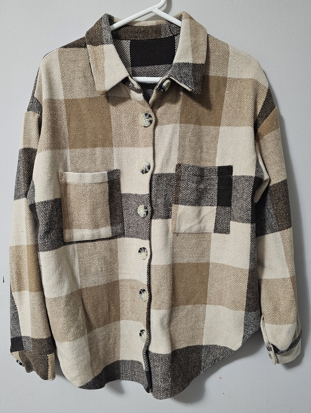 Khaki Plaid Color Block Buttoned Long Sleeve Jacket with Pockets Size Large